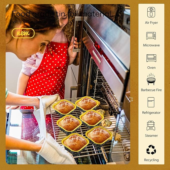 NPLUX Square Foil Cups with Lids, 50 Pack Black Gold 5oz for Bakery Gifts