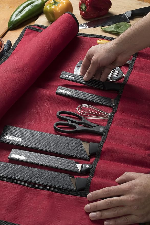 Asaya Waxed Canvas Chef Knife Roll Bag with 10 Slots and a Zipper Pocket - Professional Chef Knife Bag & Storage Case, with Shoulder Strap - Knives Not Included (Red)