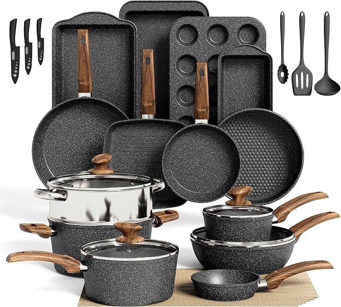 DishDelight 30 Pcs Pots and Pans Set Non Stick, Granite Induction Cookware