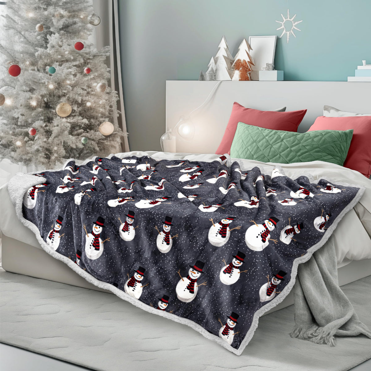 PAVILIA Twin Plaid Sherpa Throw Blanket for Couch Sofa Bed, Navy, 60x80