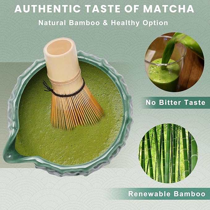 RANERANE 6-Piece Matcha Set, Matcha Whisk (Chasen) & Holder, Matcha Bowl with Spout, Sifter & Spoon, Bamboo & Ceramic, Dark Green