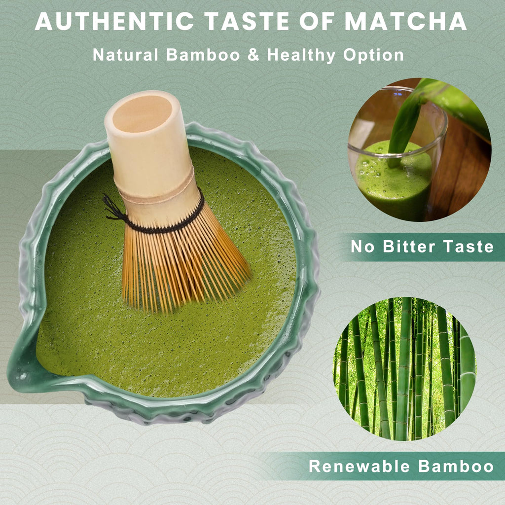 RANERANE 6-Piece Matcha Set, Matcha Whisk (Chasen) & Holder, Matcha Bowl with Spout, Sifter & Spoon, Bamboo & Ceramic, Dark Green