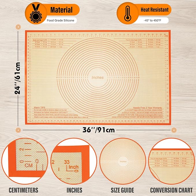 Silicone Pastry Mat 36x24 Inch Nonstick Baking Mat -Perfect for Doug, Pastry, Dough Rolling, Kneading Board, Pie Crust, Fondant, Pasta/Pizza, Kitchen Counter Mat
