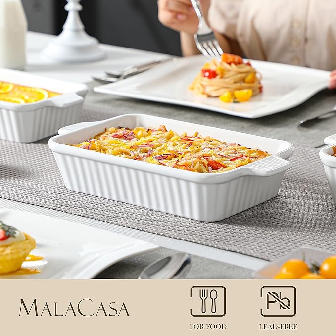 MALACASA Casserole Dishes for Oven, Ceramic Baking Dishes Set of 4, White