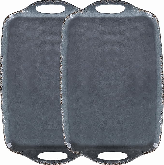 ZAROCRUS Extra Large Serving Tray with Handles, 19 x12 inch, Set of 2, Melamine Platters for Serving Food, Turkey, Cookie, Farmhouse Rectangular Brekfast Tray, Dishwasher Safe, Gray