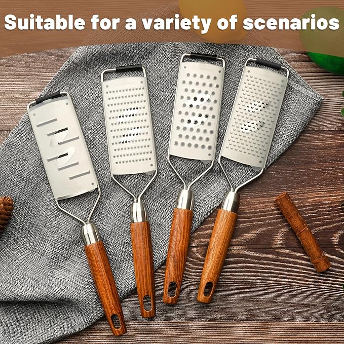 SHIKORI Stainless Steel Cheese Grater with Natural Wood Handle with a Brush