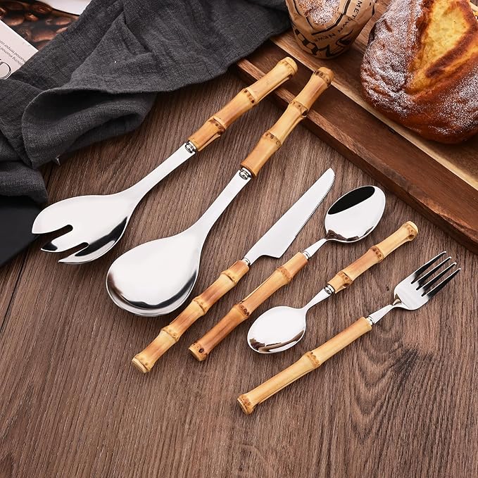 Uniturcky Bamboo Handle Silverware Set, 24-Piece Flatware Set for 6, Stainless Steel Cutlery Eating Utensils Include Forks Spoons and Knives for Daily Use and Party, Reusable and Modern Design