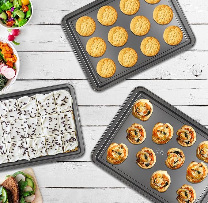 PERLLI Non-Stick 3-Piece Baking Pan Set – Carbon Steel with Even Heat Distribution, Oven Safe to 446°F, BPA-Free, Dishwasher Safe, Stackable Baking Tools for Easy Storage and Everyday Cooking - Gray