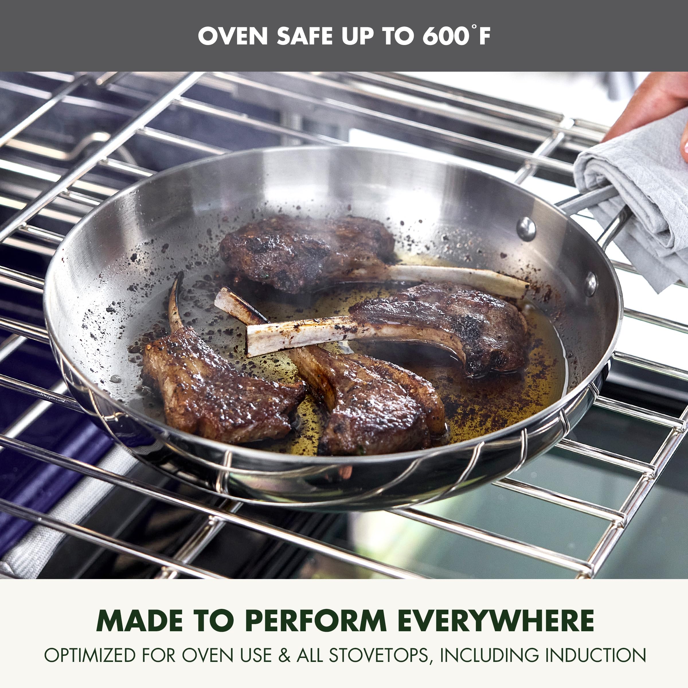 GreenPan Valencia Pro Tri-Ply Stainless Steel 8", 9.5" & 11" Frying Pan Skillet Set, Induction Ready, Mirror Finish, Dishwasher Safe & Oven/Broiler Safe to 600F, Compatible with All Cooktops