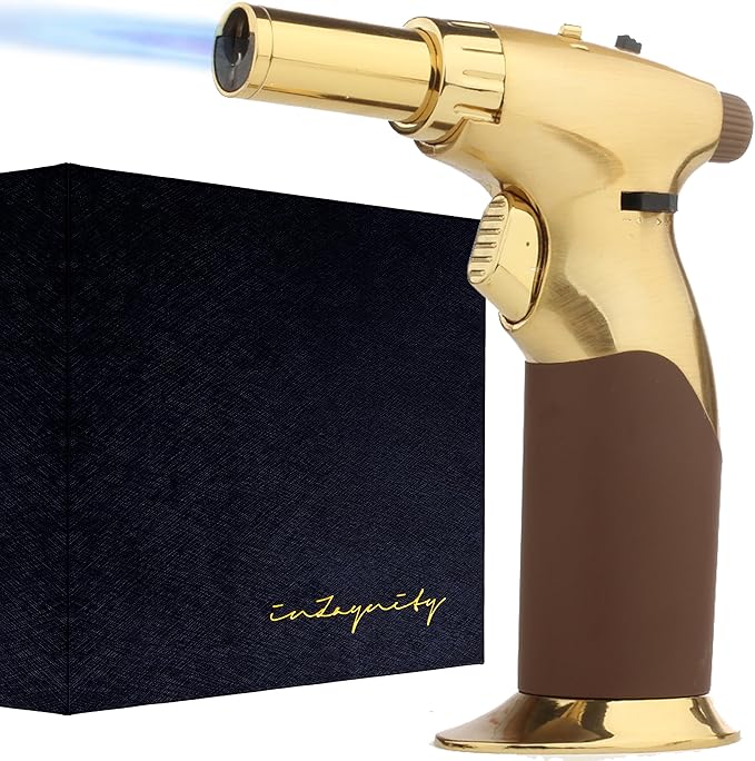Dual Flame Butane Torch Gun - Refillable Luxury Hand Held Mini Blow Torch for Cooking, Creme Brulee, Soldering, Welding, & Resin Art - Adjustable Flame with Ignition Lock - Gold Brown by inZaynity®