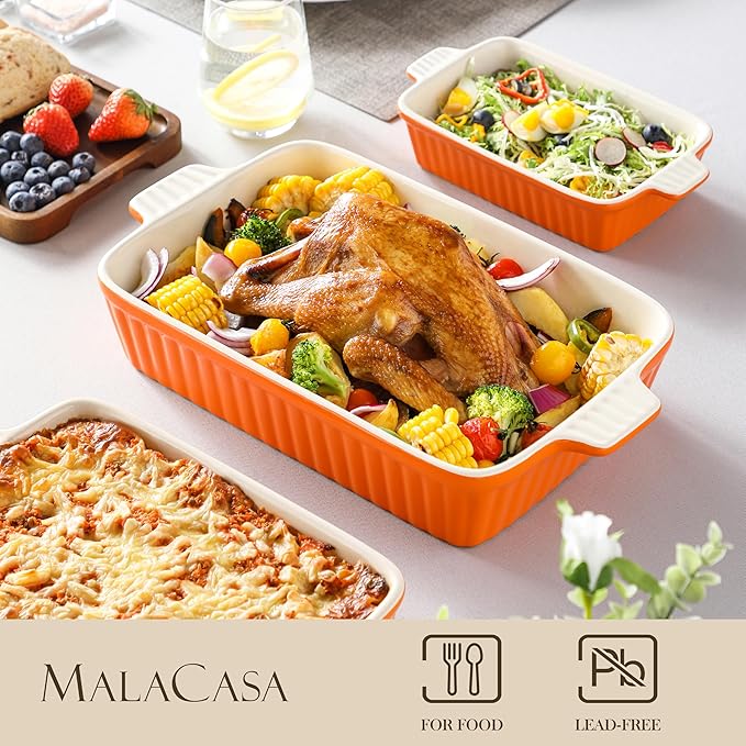 MALACASA Casserole Dishes for Oven, Ceramic Baking Dishes Set of 4,Orange