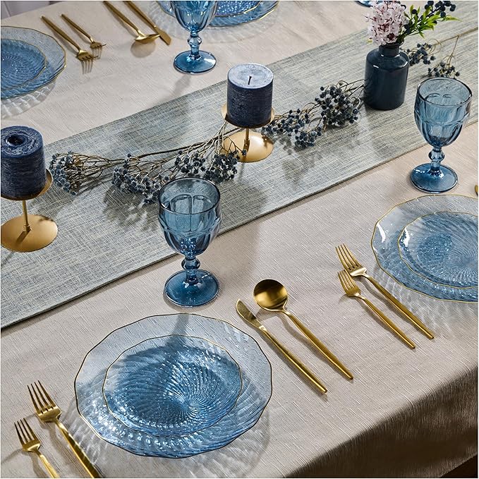 PLASTICPRO 30 Pack Plastic Plates Set of 15-10 inch Plate and 15-7 inch Plates, Elegant Clear Blue Spiral and Gold Rim Disposable Fancy Plate Premium Heavyweight