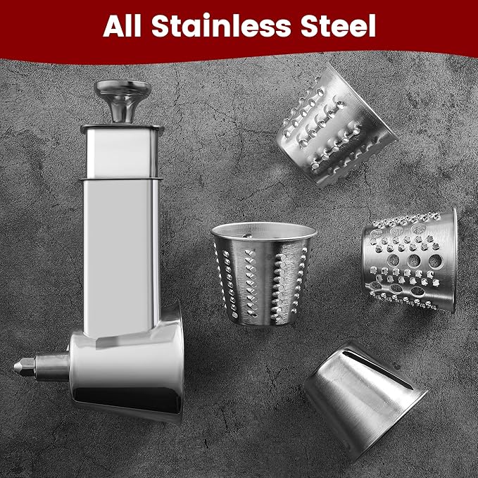 Stainless Steel Slicer Shredder Attachment for KitchenAid Mixers, Dishwasher Safe Cheese Grater Attachment, Food Slicer & Vegetable Shreder Accessory with 4 Blades