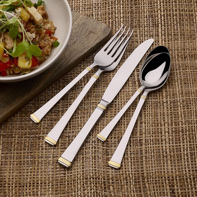 Mikasa Harmony 65-Piece Flatware Set for 12, 18/10 Stainless Steel Silverware with Gold Accent Handles, Service for 12 with Serving Utensils, Dishwasher Safe