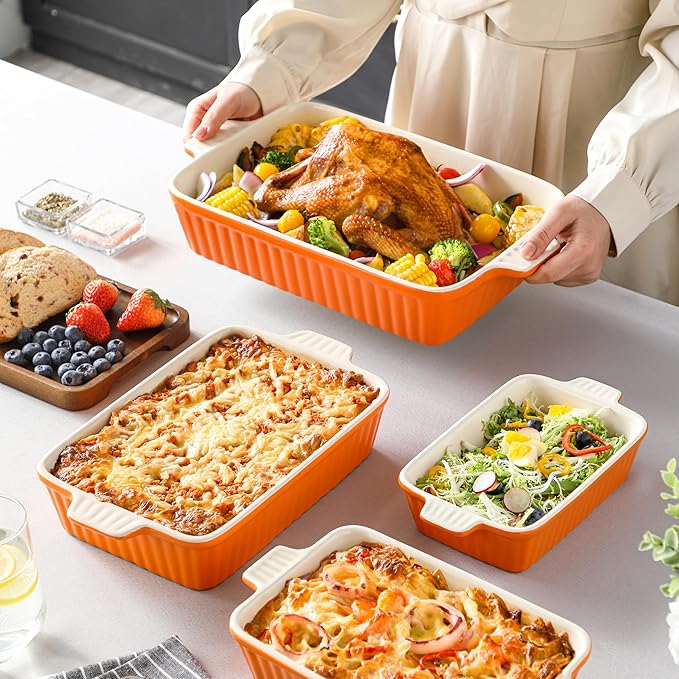 MALACASA Casserole Dishes for Oven, Ceramic Baking Dishes Set of 4,Orange