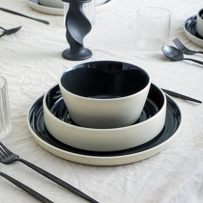 Stone Lain Elica 12-Piece Modern Dinnerware Set Stoneware, Plates and Bowl Sets for 4, Black and Beige