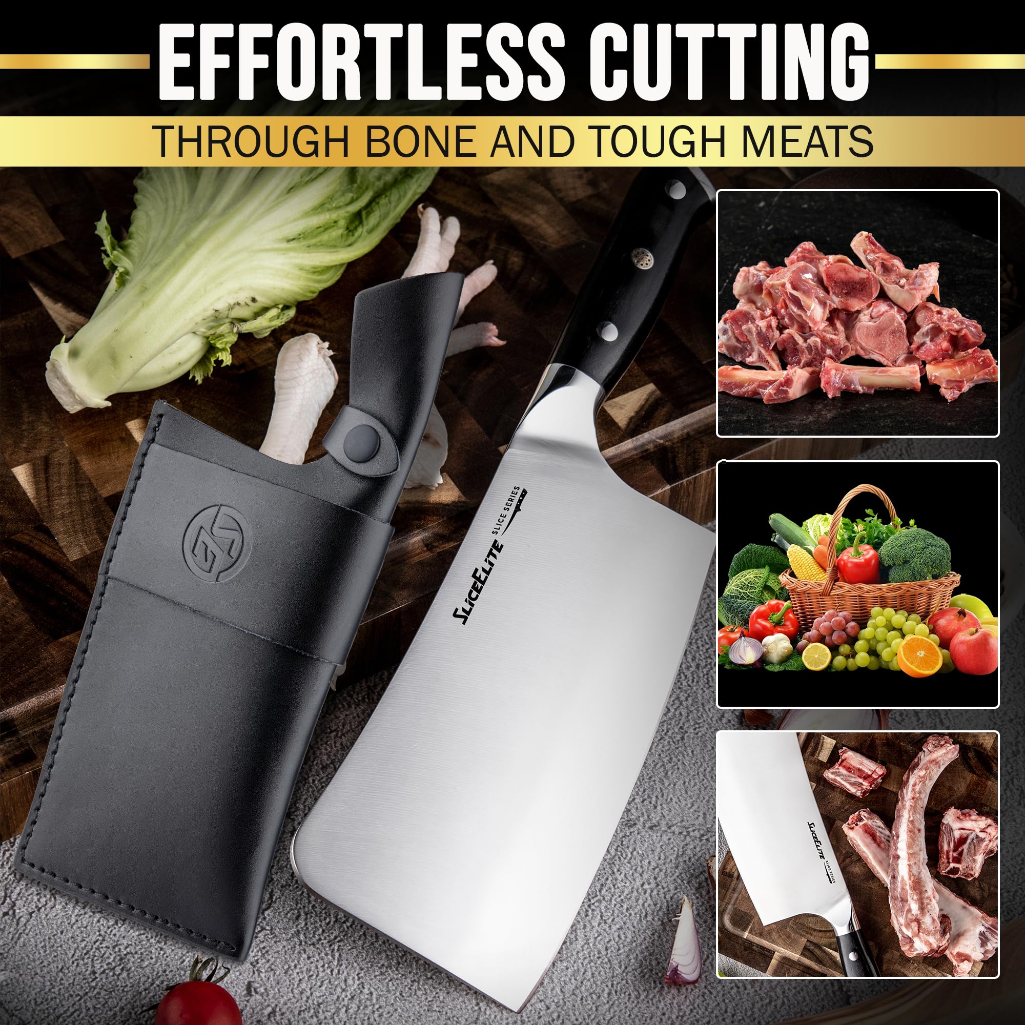 SliceElite Slice Series 7 Inch Bone Cutting knife High Carbon German Steel Blade Pakkawood Handle Dual Sheath Cleaver Chopper Butcher Tool Heavy Duty Kitchen Meat Slicer Vegetable Sharp Gift BBQ Chef