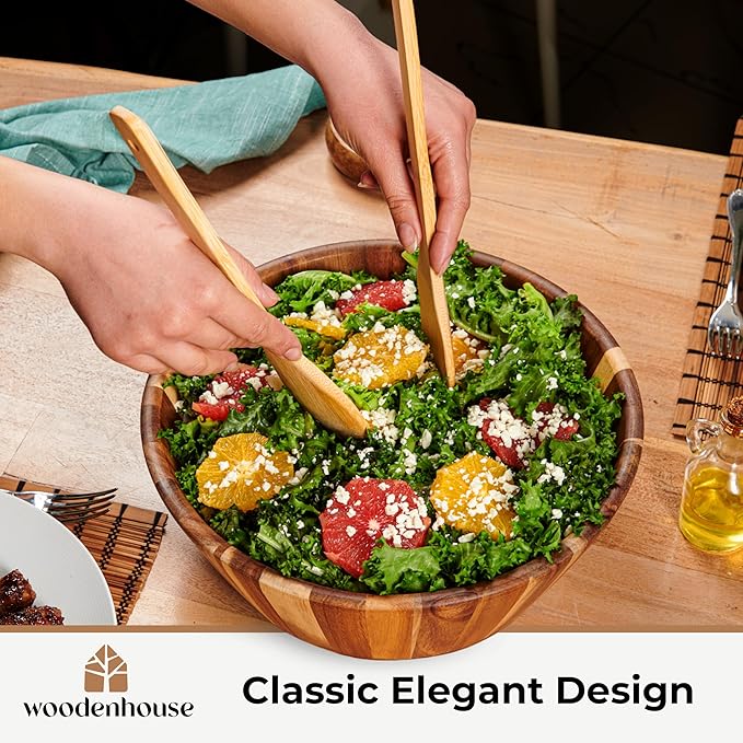 Wooden Salad Bowl, 12" Round Wood Bowl for Fruit & Serving