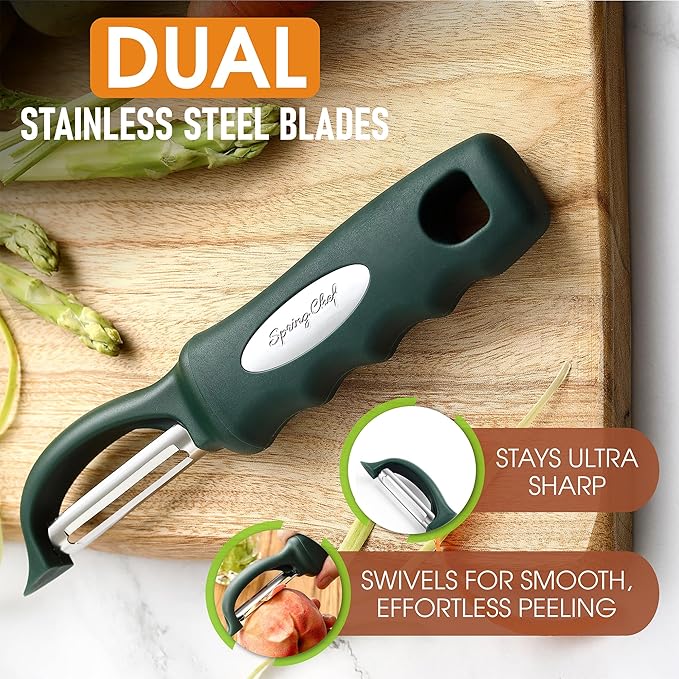 Spring Chef Potato Peeler for Kitchen with Soft Grip Handle, Pine Green