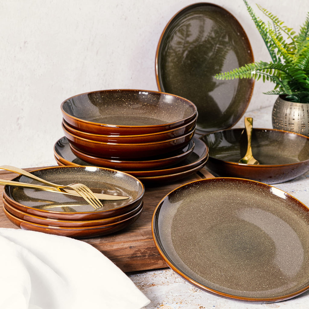 Gibson Elite Edwina 16-Piece Double Bowl Dinnerware Set, Service for 4 – Dark Green Stoneware Plates and Bowls