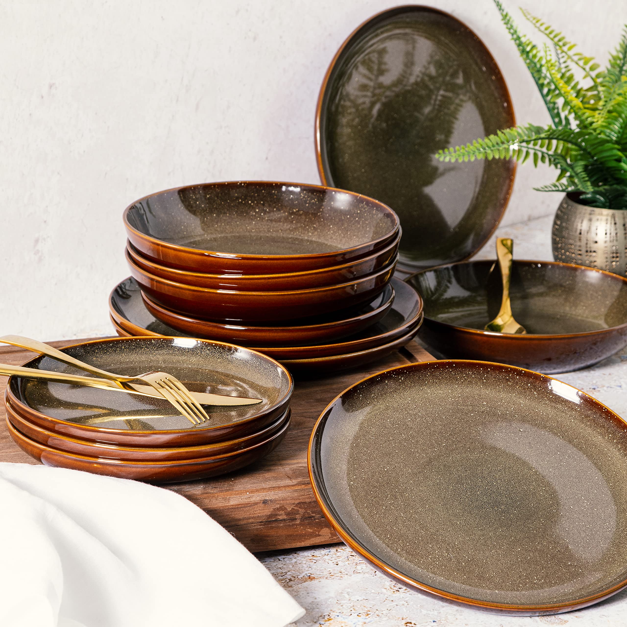 Gibson Elite Edwina 16-Piece Double Bowl Dinnerware Set, Service for 4 – Dark Green Stoneware Plates and Bowls
