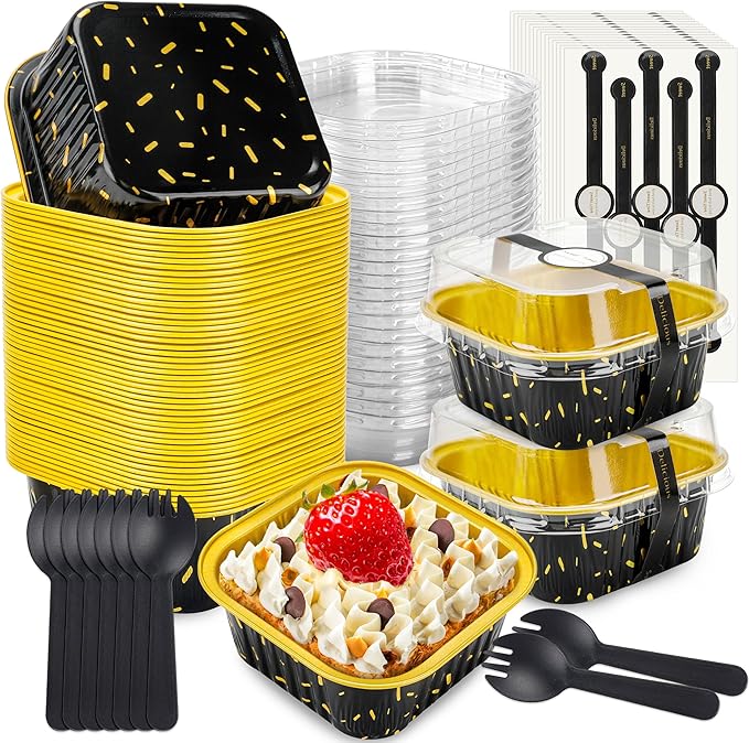 NPLUX Square Foil Cups with Lids, 50 Pack Black Gold 5oz for Bakery Gifts