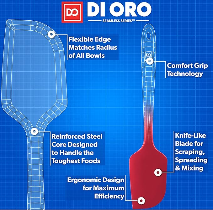 di Oro Living Large Silicone Spatula - 600F Heat-Resistant Spatula - Ergonomic Easy-to-Clean Seamless One-Piece Design - Pro-Grade Non-Stick Silicone Rubber with Stainless Steel S-Core Technology! (Red)