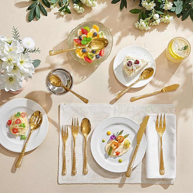 65 Piece Gold Silverware Set with Serving Utensils, 18/10 Stainless Steel