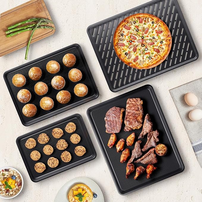 Nonstick Baking Sheet Set with Cooling Rack, 4-Piece Cookie Sheets for Baking, 0.8mm Heavy Duty Carbon Steel Oven Pans, Ceramic Coated Half Sheet, Jelly Roll Pan & Quarter Sheet, PFOA/PTFE Free
