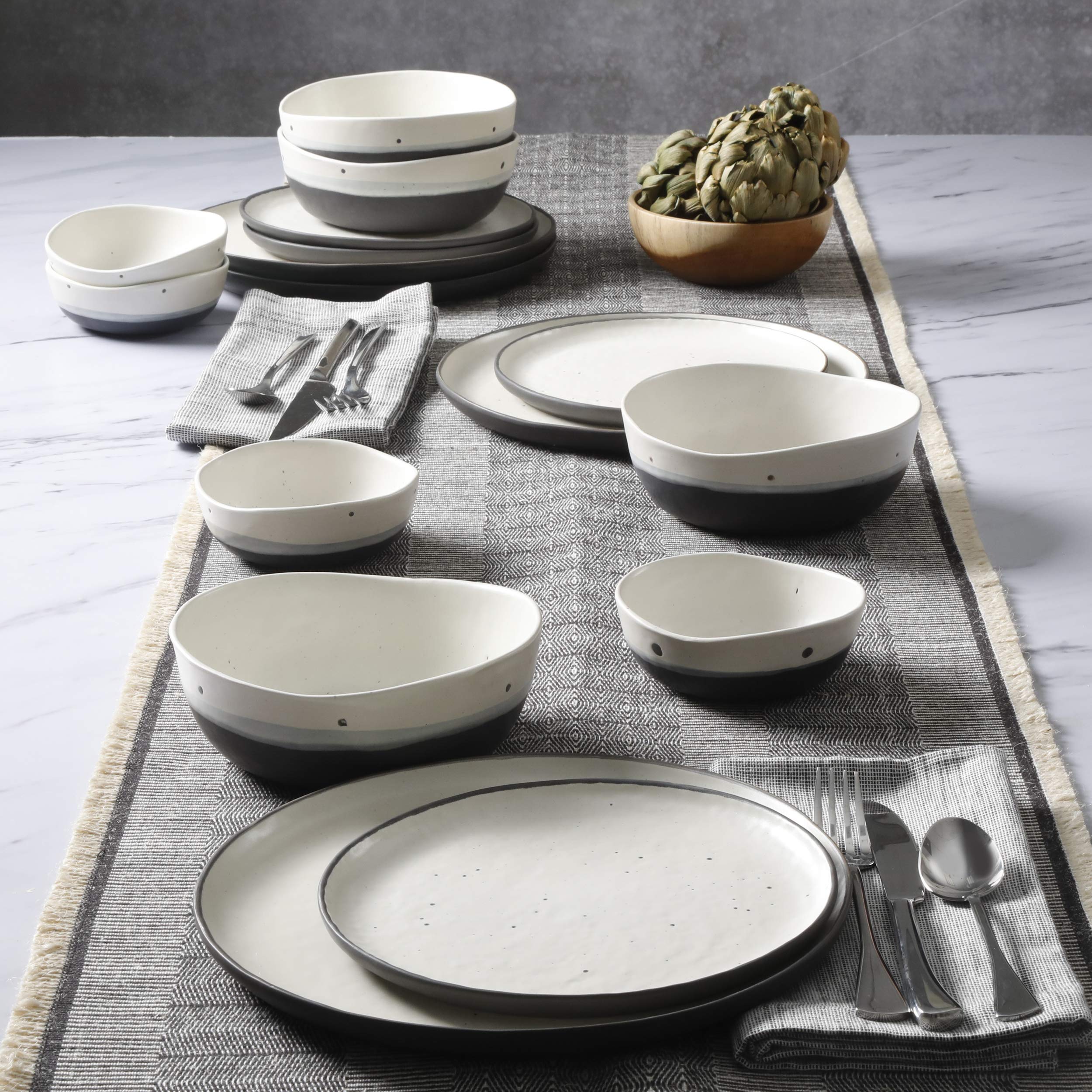 Gibson Elite Rhinebeck 16-Piece Double Bowl Dinnerware Set, Service for 4 – White and Black Stoneware Plates and Bowls