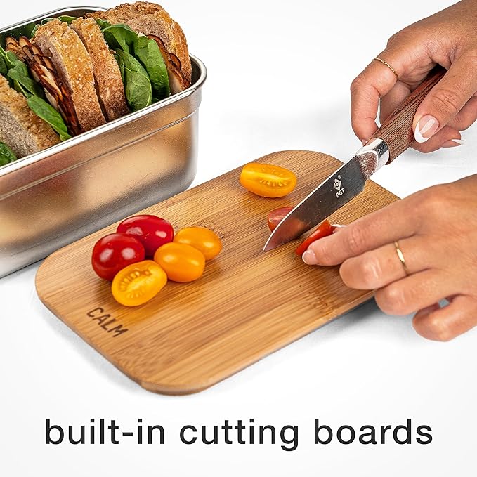 Calm Organics Stainless Steel Food Containers with Bamboo Cutting Board Lids | Set of 3 Reusable Meal Prep Boxes | Airtight Leak-Resistant | Dishwasher Safe | BPA-Free | 2, 4, 6 Cup Sizes