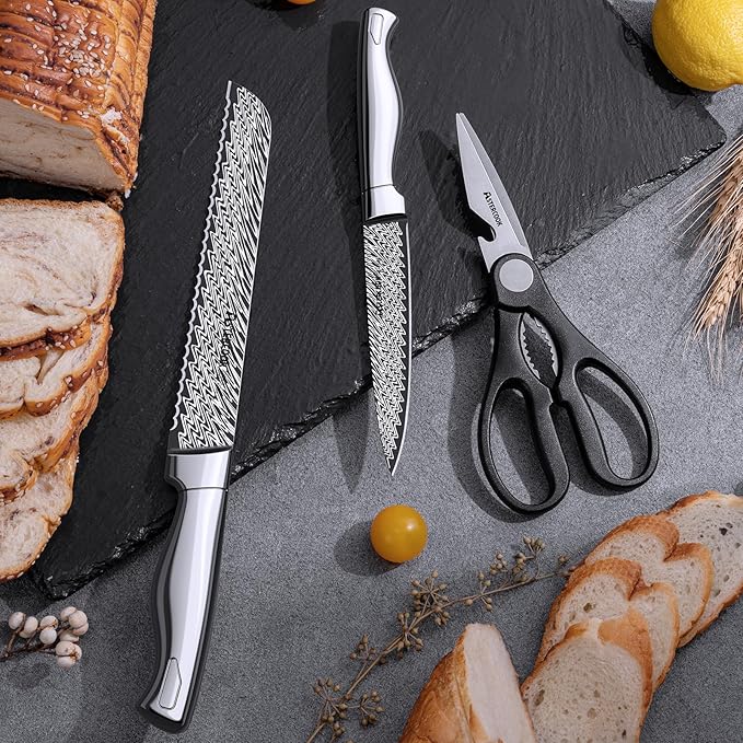 Knife Set, Astercook 21 Pieces Kitchen Knife Set with Built-in Sharpener, German Stainless Steel Knife Block Set, Razor-Sharp Knives with Full-tang Handle, Dishwasher Safe Kitchen Utensils Set