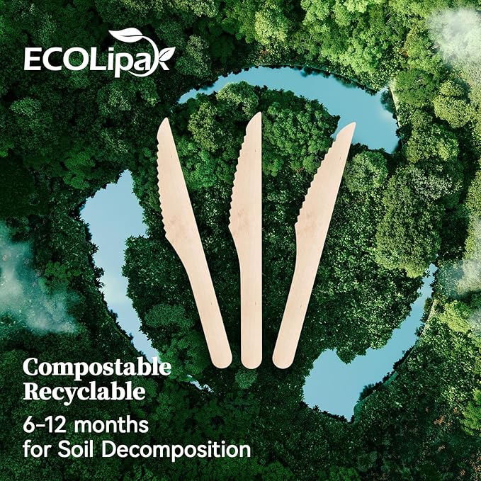 ECOLipak 300 Count Compostable Wooden Disposable Knives for Party, Dinner