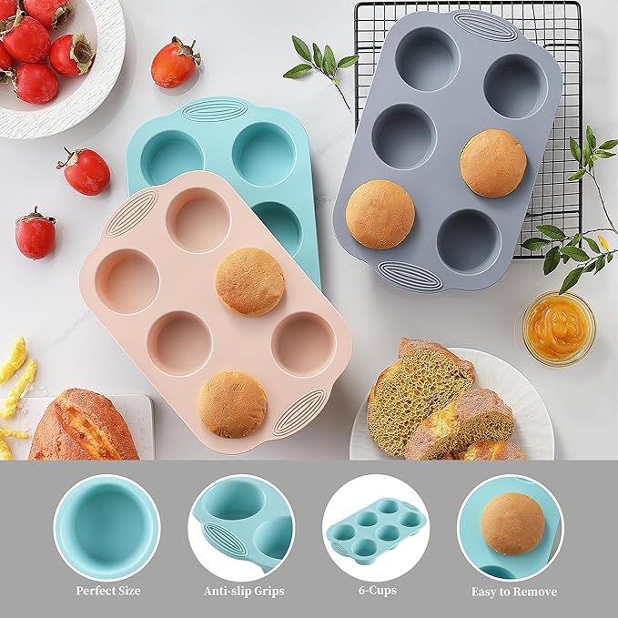 XZZWLL Silicone Muffin Pan, Food Grade Silicone Cupcake Molds for Baking Muffins and Cupcakes, 6-Cup Nonstick Cupcake Pan, Easy Cleaning and BPA-Free (Gray, Orange, Blue)