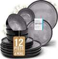 12 Piece Stoneware Dinnerware Set for 4 - Handmade Reactive Glaze Plates and Bowls Set - Chip & Scratch Resistant Dish Set - Dishwasher Microwave Safe - Dark Gray