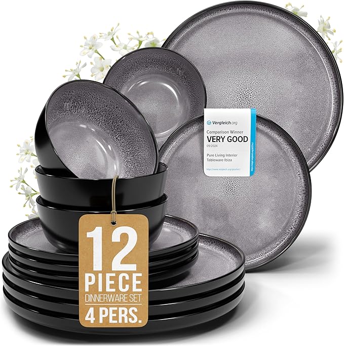 12 Piece Stoneware Dinnerware Set for 4 - Handmade Reactive Glaze Plates and Bowls Set - Chip & Scratch Resistant Dish Set - Dishwasher Microwave Safe - Dark Gray