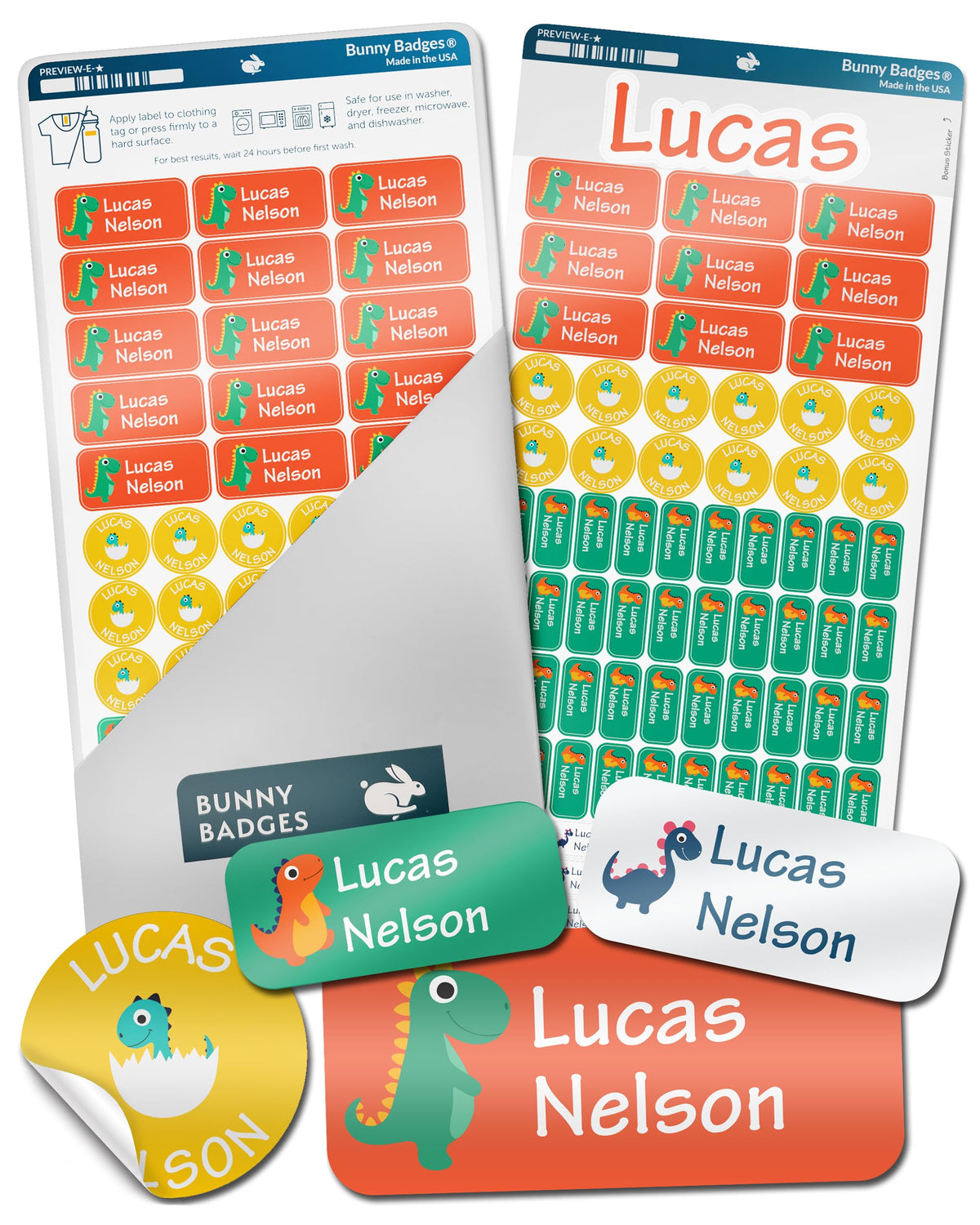 Bunny Badges Personalized Name Labels for Kids (70 Labels) - Custom Waterproof Name Stickers for Daycare, Clothing Tags, Water Bottles, Lunch Boxes and School Supplies (Cats)