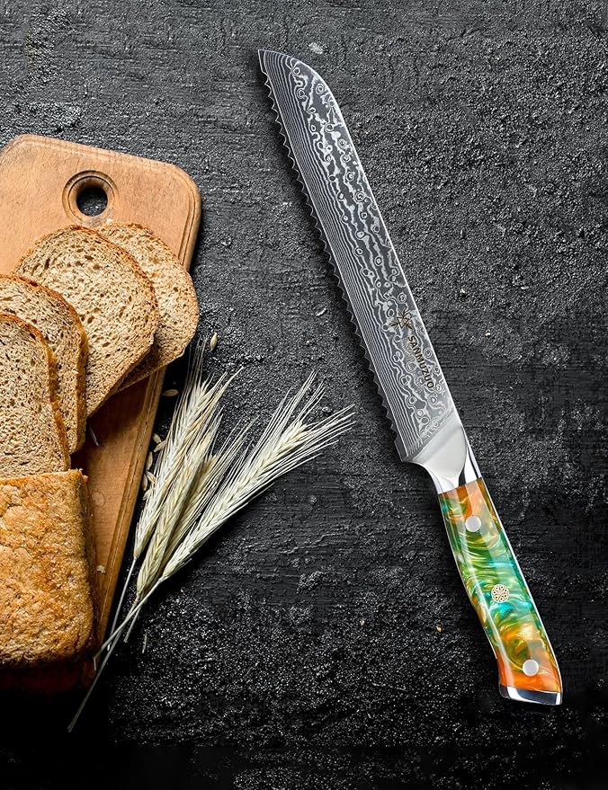 SANMUZUO 8” Bread Knife Serrated Kitchen Chef Knife - Damascus Steel & Resin Handle - Xuan Series(Fantasy Orange)