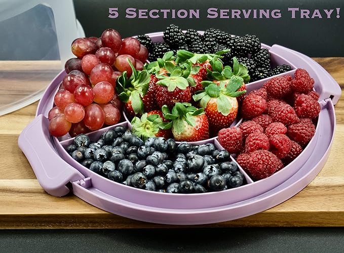 Top Shelf Elements Round Cake Carrier Two Sided Cake Holder Serves as Five Section Serving Tray, Portable Cake Stand Fits 10 inch Cake, Cake Box Comes With Handle, Cake Container Holds Pies (Lilac)