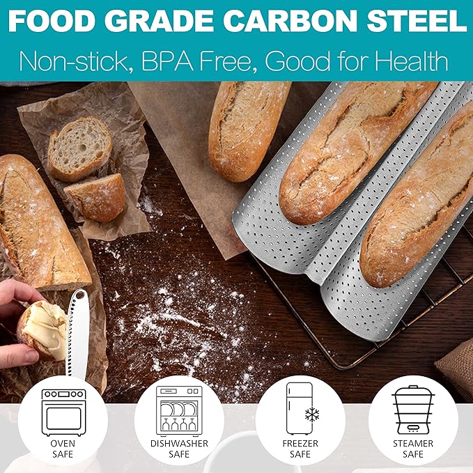 Anaeat Nonstick Perforated French Bread Baking Pan, 15"X 6.3" Premium Toast Mold, Silver