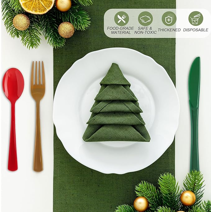 Kochorie 300 Pieces Christmas Plastic Silverware Heavy Duty Plastic Cutlery Set Heavyweight Disposable Flatware Includes Christmas Spoons Knives Forks for Christmas New Year Party