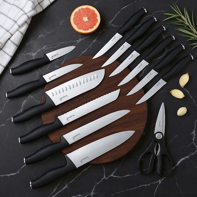 KUISINE Upgraded Chef Knife Set,High Carbon Stainless Steel Ultra Sharp Blade Ergonomic Handle,Kitchen Knife Block Set with Built-in Sharpener,Elegant Gift for Holiday(Silver Black,15PCS)