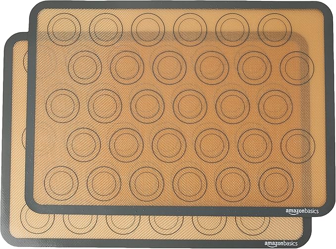 Amazon Basics Silicone Baking Mat for Macarons, Non-Stick, Food Safe, Reusable, Oven-Safe, 16.5" x 11.6", Beige/Gray, 2-Pack