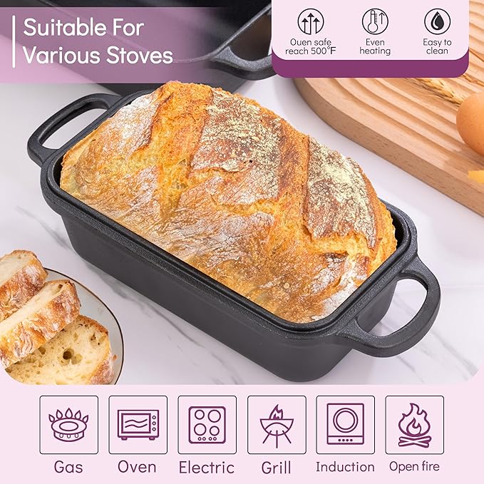 Vanderlume Cast Iron Loaf Pan with Lid 9x5 Inch,Sourdough Pan