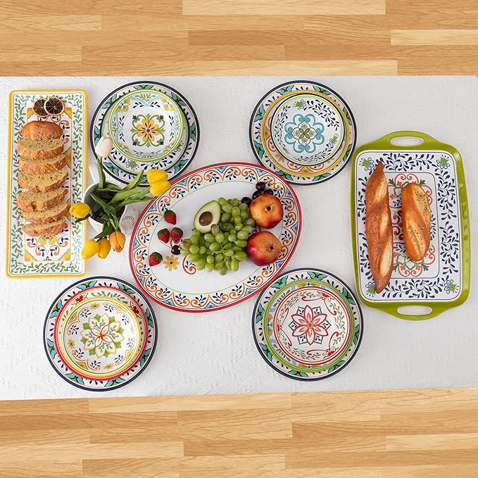 ZAROCRUS Large Serving Platter with Handles,19”x12”Large Rectangular Melamine Serving Tray Set of 2, Kitchen Food and BBQ Serving Platter, Talavera Grilling Prep and Serve Tray, Dishwasher Safe