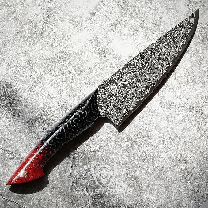 Dalstrong 8" Chef Knife — AUS-12V Steel, 66+ HRC Hardest Build — For Daily Precision Cooking & Dark Kitchen Builds — Black Damascus, Honeycomb Handle, Scorpion ELITE, customer support