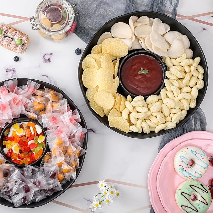 ZAROCRUS Chip & Dip Serving Set, 2 PCS Divided Cheeses Serving Platter, Relish Tray, Round Compartment Appetizer Set for Chips and Dip, Veggies, Candy and Snacks, Black, Set of 2