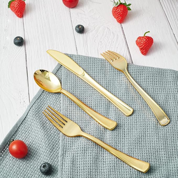 FOCUSLINE 300 Pack Disposable Gold Plastic Forks, Solid and Durable Plastic Cutlery Forks, Heavy Duty Disposable Utensil Silverware for Catering, Parties, Dinners, Weddings