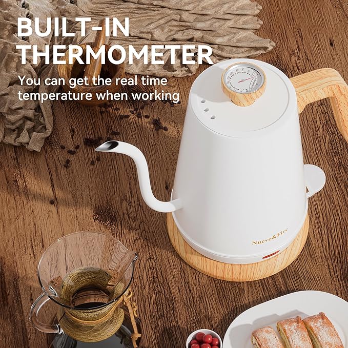Nueve&Five Electric Gooseneck Kettle with Thermometer, 1.0L Pour Over Hot Water Kettle for Coffee and Tea, 1000W, Auto Shutoff, Boil-Dry Protection, White