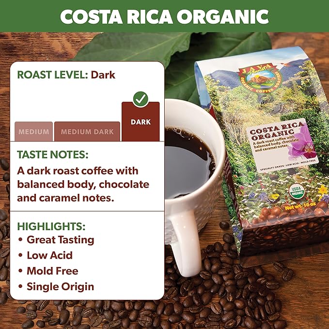 Java Planet Low Acid Organic Whole Bean Coffee, Mold Free, Costa Rican 16oz